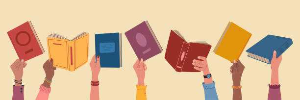 Book exchange or crossing. Diverse hands holding books. People exchanging, borrowing and recommending literature Book exchange or crossing. Diverse hands holding books. People exchanging, borrowing and recommending literature. Hand drawn vector illustration isolated on light background, flat cartoon style. book club stock illustrations