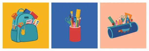 Vector illustration of Set of school supplies. Backpack, stand for pens and pencil case with diverse stationery.