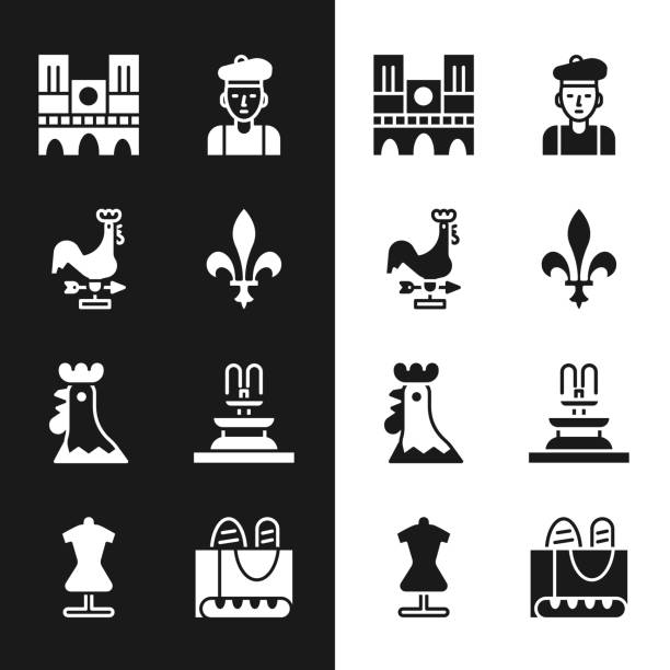 Set Fleur De Lys, Rooster weather vane, Notre Dame, French man, rooster, Fountain, baguette bread and Mannequin icon. Vector Set Fleur De Lys Rooster weather vane Notre Dame French man rooster Fountain baguette bread and Mannequin icon. Vector. delaware rooster stock illustrations