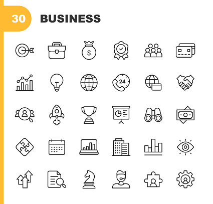 30 Business Outline Icons. 24 Hours, Agreement, Arrow, Award, Building, Calendar, Certificate, Chart, Compliance, Core Values, Credit Card, Customer Support, Diagram, Document, Dollar Sign, Finance, Gear, Global Business, Globe, Goal, Growth, Handshake, Human Resources, Innovation, Job, Job Search, Law, Leadership, Lightbulb, Management, Meeting, Money, Office, Office Building, Plan, Presentation, Price, Puzzle, Quality, Rocket, Solution, Startup, Stock Market, Strategy, Success, Suitcase, Support, Target, Time, Trophy, Vision, Winning, Work.