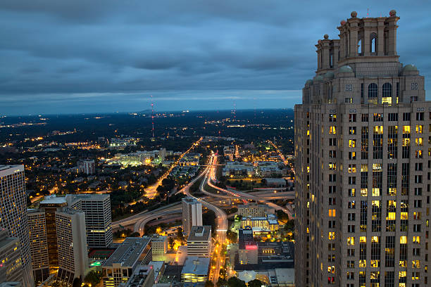 Aerial view of Atlanta Georgia on an overcast night.
