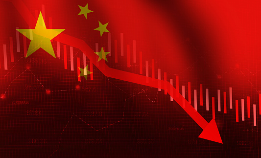China's Economy fall down background with waving flag and graph going to downward. Economy of China is in trouble, backdrop design