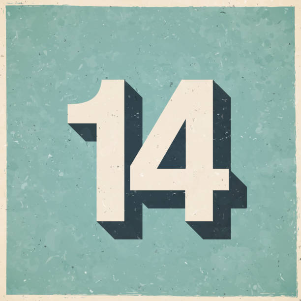 illustrations, cliparts, dessins animés et icônes de 14 - numéro quatorze. icône de style rétro vintage - vieux papier texturé - numéro 14