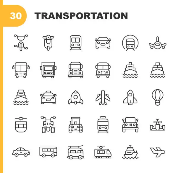 Vector illustration of Transportation Line Icons. Editable Stroke. Pixel Perfect. For Mobile and Web. Contains such icons as Airplane, Auto, Bike, Boat, Bus, Car, Cruise, Freight, Logistic, Race Car, Rocket, Ship, Taxi, Tractor, Train, Transport, Travel, Truck, Van, Vehicle.