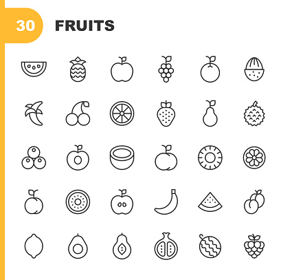 30 Fruits Outline Icons. Apple, Banana, Blueberry, Breakfast, Cherry, Coconut, Cooking, Diet, Eating, Ecology, Exotic, Food, Fresh, Fruit, Grapes, Healthy Food, Ingredient, Juicy, Kiwi, Lemon, Mango, Orange, Organic, Peach, Pear, Pineapple, Plum, Pomegranate, Restaurant, Strawberry, Summer, Vegan, Vegetarian, Vitamin, Watermelon.