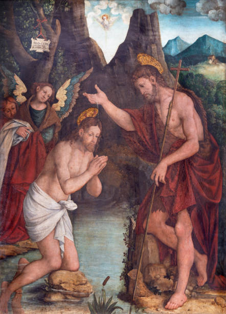 varenna - obraz chrztu jezusa w kościele chiesa di san giorgio - chrzestny zdjęcia i obrazy z banku zdjęć