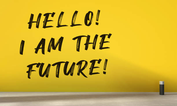 hello i am the future written yellow wall - graffiti surface level color image paint zdjęcia i obrazy z banku zdjęć