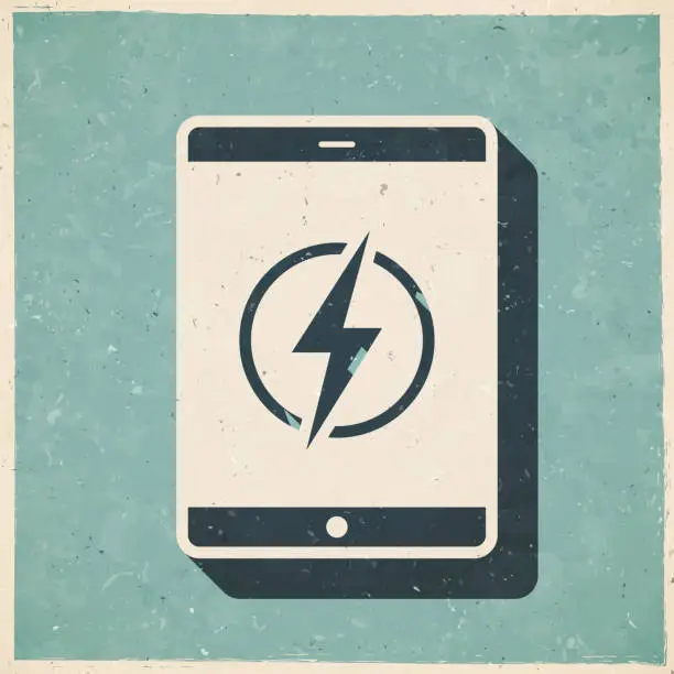 Vector illustration of Tablet PC with electricity symbol. Icon in retro vintage style - Old textured paper