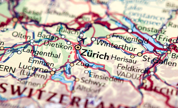 Zurich, Switzerland Map of Zürich. Selective Focus.  zurich map stock pictures, royalty-free photos & images