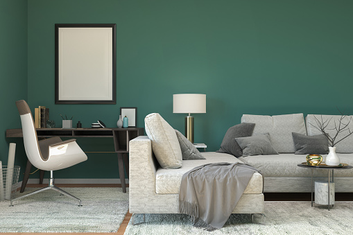 Modern living room interior with home office. Render image.