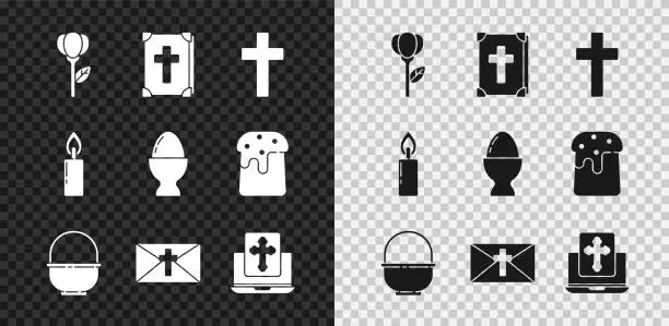 Vector illustration of Set Flower tulip, Holy bible book, Christian cross, Basket, Greeting card with Happy Easter, Cross on the laptop screen, Burning candle and egg stand icon. Vector
