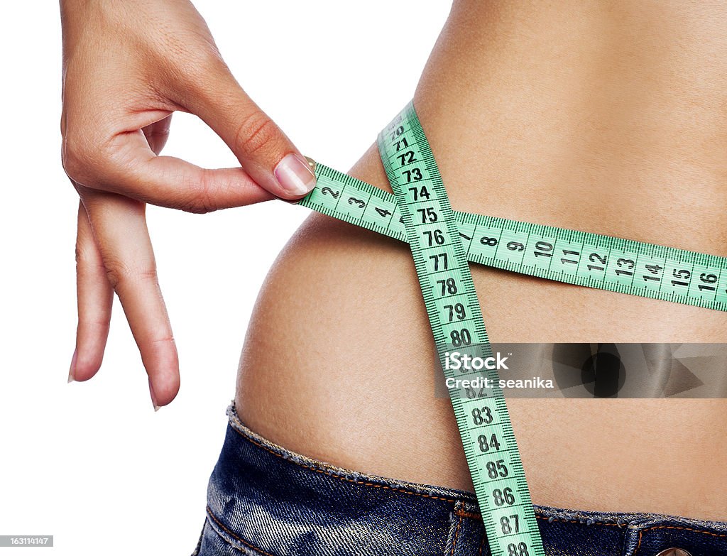 Young girl measuring waist Young girl measuring waist on isolated background Abdomen Stock Photo