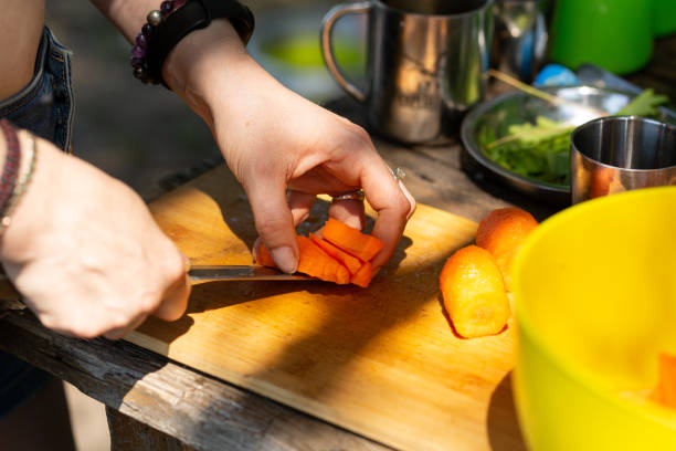 istock Hands slicing carrots into bars, outdoors, camping cooking 1631143140