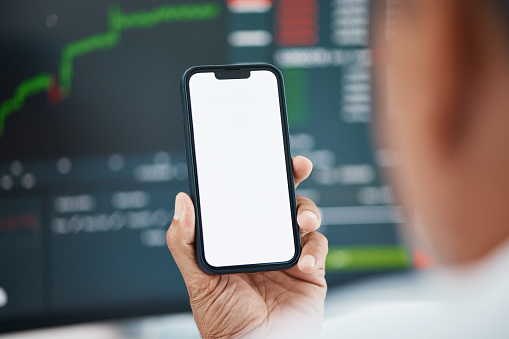 Mockup phone screen, person hands or stock market results, graphic or financial economy feedback, trading news or report. Closeup cellphone, invest or trader reading finance income, revenue or profit