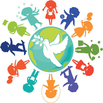 Cute children silhouettes around the World with pigeon. Symbol of peace. Earth Planet with colored children silhouettes.
