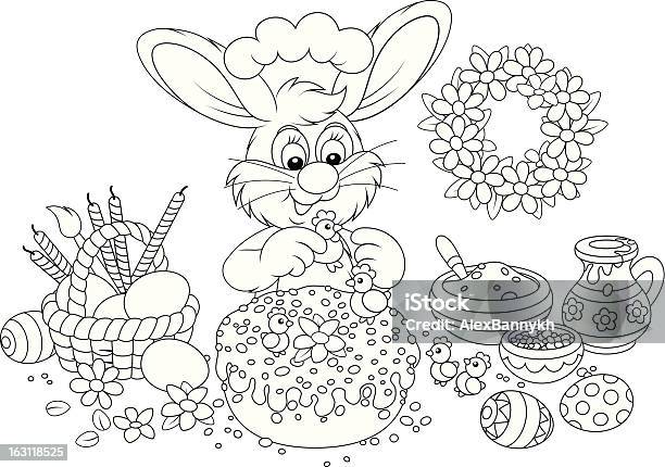 Wielkanoc Bunny Ozdabia Elegancki Ciasto - Stockowe grafiki wektorowe i więcej obrazów Białe tło - Białe tło, Ciasto, Clip Art