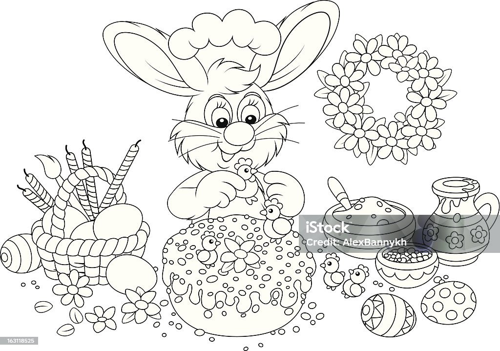 Easter bunny decorates a fancy cake Rabbit decorating an Easter cake to the upcoming holiday, black and white outline illustration for a coloring book Baker - Occupation stock vector