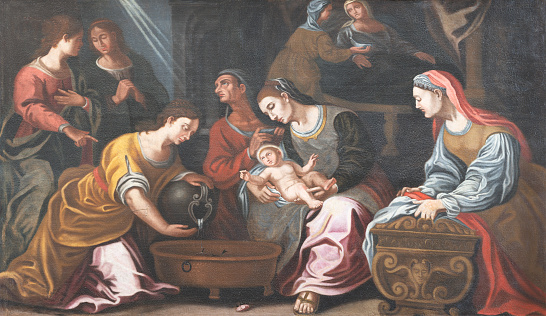 Matera - The  painting of  Nativity of Virgin Mary in the church Chiesa di San Francesco Assisi by unknown artist.