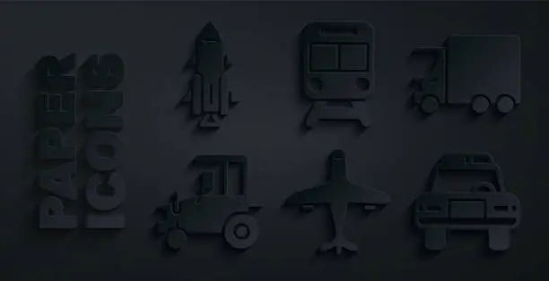 Vector illustration of Set Plane, Delivery cargo truck, Tractor, Police and flasher, Train railway and Rocket ship with fire icon. Vector