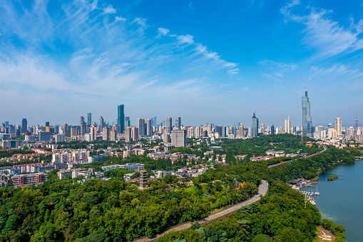 This is an aerial view of Nanjing. All the city and city wall are seen in the picture.