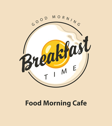 Morning food and drink menu for cafe or restaurant with delicious hot scrambled egg on light background in retro style. Vector banner or flyer on the theme of Breakfast time