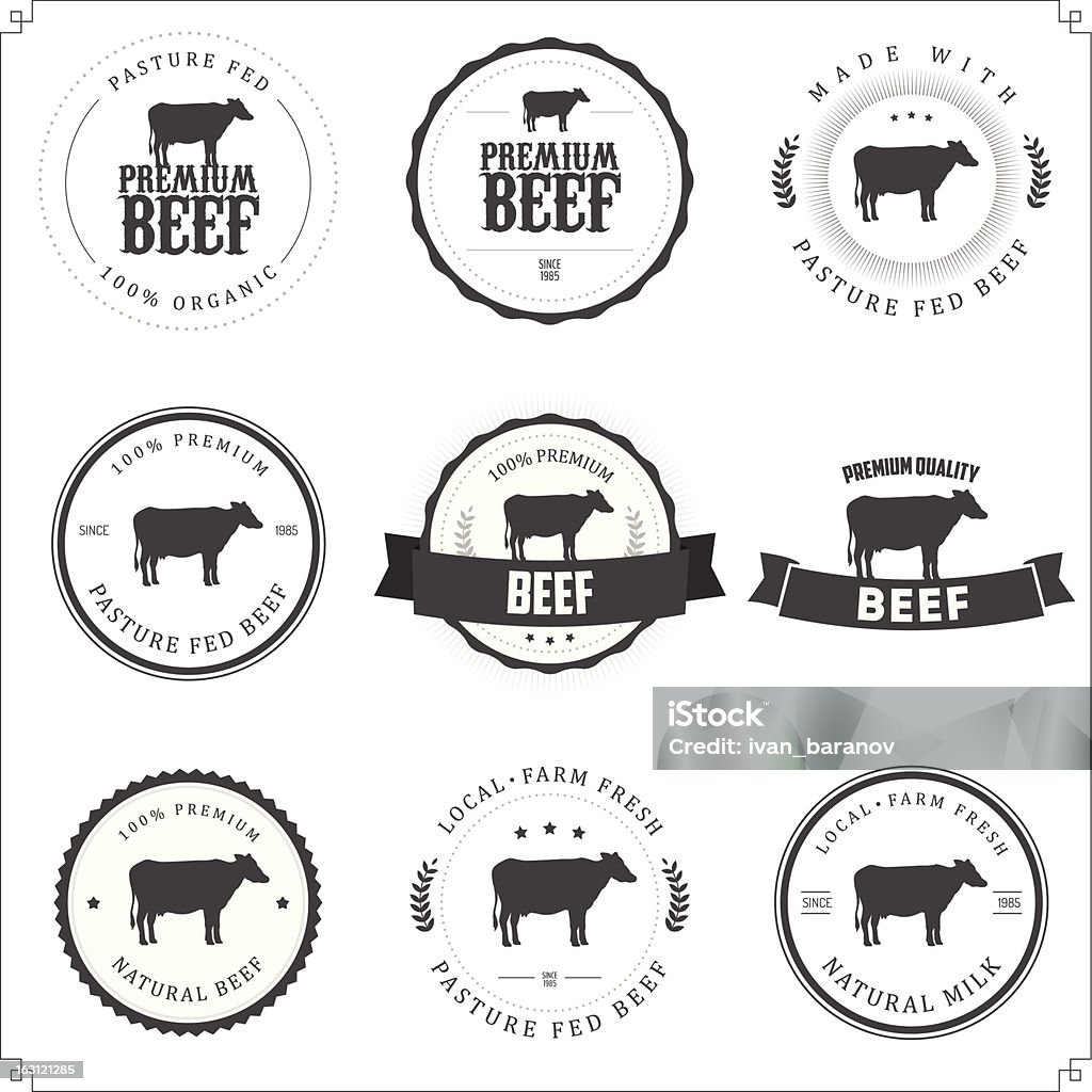 Satz von Schwarz und Weiß premium-Rindfleisch-Etiketten - Lizenzfrei Kuh Vektorgrafik