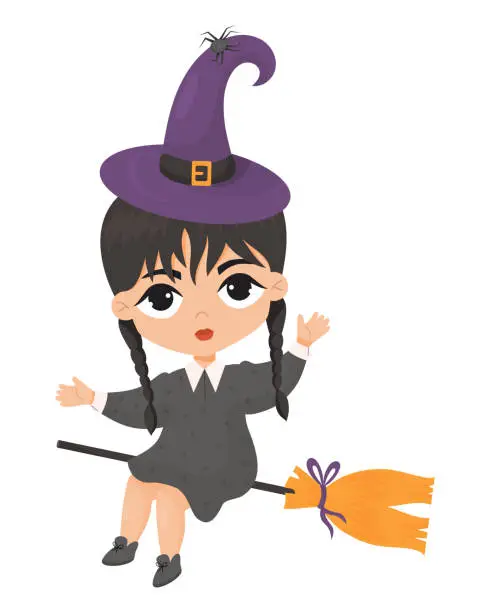 Vector illustration of Cute cartoon witch girl in hat is flying on broomstick. Vector illustration. Halloween female magical character. Kids collection.