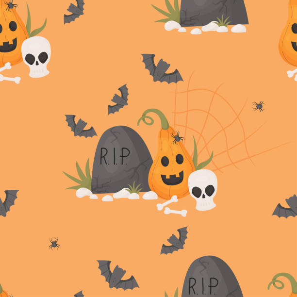 illustrations, cliparts, dessins animés et icônes de halloween motif sans couture. pierre tombale du cimetière avec crâne, citrouille jack, os, toiles d’araignées et chauves-souris sur fond orange. illustration vectorielle avec style dessin animé. - halloween pumpkin jack olantern industry