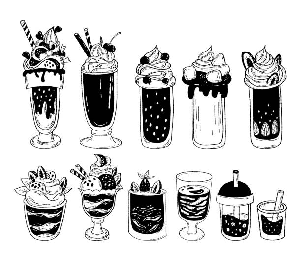 Collection sweet food desserts and cream smoothies in glasses with berries. Vector illustration. Isolated hand drawings for menu design, culinary themes, decor and print. Collection sweet food desserts and cream smoothies in glasses with berries. Vector illustration. Isolated hand drawings for menu design, culinary themes, decor and print whipped cream dollop stock illustrations