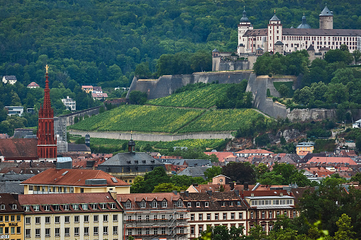 Wuerzburg, Germany - June 29, 2023: Marienberg Fortress in the vineyard, the landmark of Würzburg.
