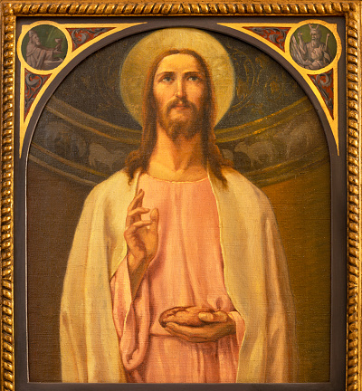 Genova - The painting of Eucharistic Christ in the church Chiesa di San Sisto by author with the initials V.B.