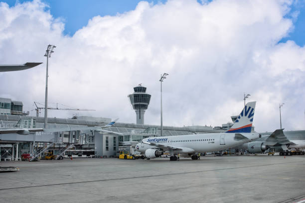 SunExpress aircraft. SunExpress aircraft jet at the airport getting ready for a flight: Munich, Germany - September 15, 2018: sunexpress stock pictures, royalty-free photos & images