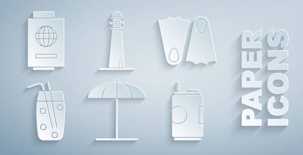 ilustrações de stock, clip art, desenhos animados e ícones de set sun protective umbrella for beach, rubber flippers, cocktail and alcohol drink, soda can, lighthouse and passport with ticket icon. vector - drink sport cola can