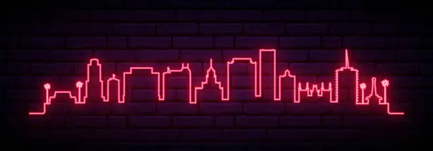 Vector illustration of Red neon skyline of Hollywood. Bright Hollywood, CA long banner. Vector illustration.
