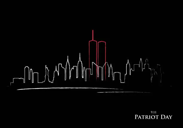 Vector illustration of 911 Patriot day background. New York skyline and Twin Towers with continuous drawing single line art. Patriot day vector banner.