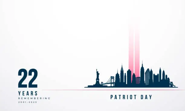 Vector illustration of 2001-2023 Patriot Day banner for 22nd anniversary of the tragedy. New York City Skyline landscape.