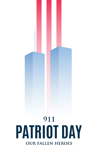 9 11 Patrio Day vertical banner. Twin Towers NYC Against background of red and white stripes. Our fallen heroes.