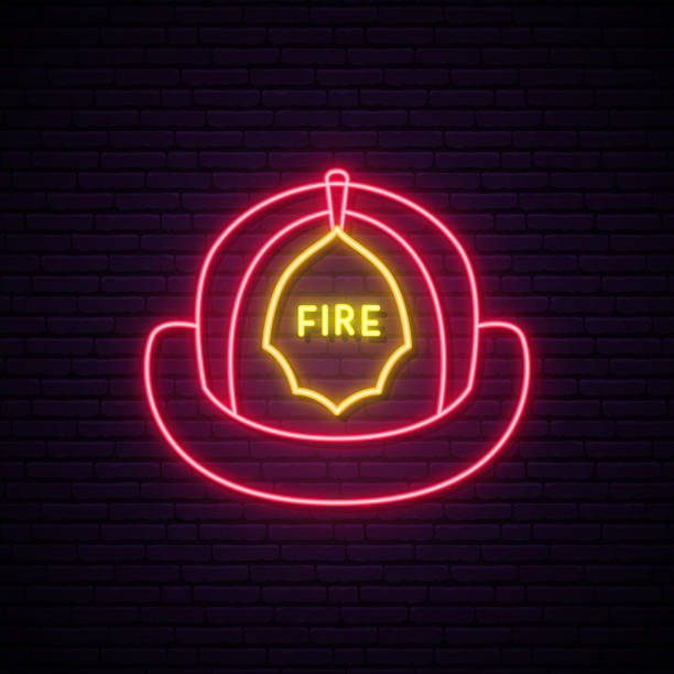 Neon fireman helmet sign. Glowing firefighter helmet on dark brick wall background. Vector illustration in neon style. Neon fireman helmet sign. Glowing firefighter helmet on dark brick wall background. Vector illustration in neon style. firefighter shield stock illustrations