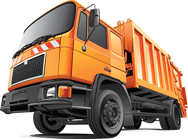 ilustraciones, imágenes clip art, dibujos animados e iconos de stock de compact camión de la basura - car white background isolated on white orange