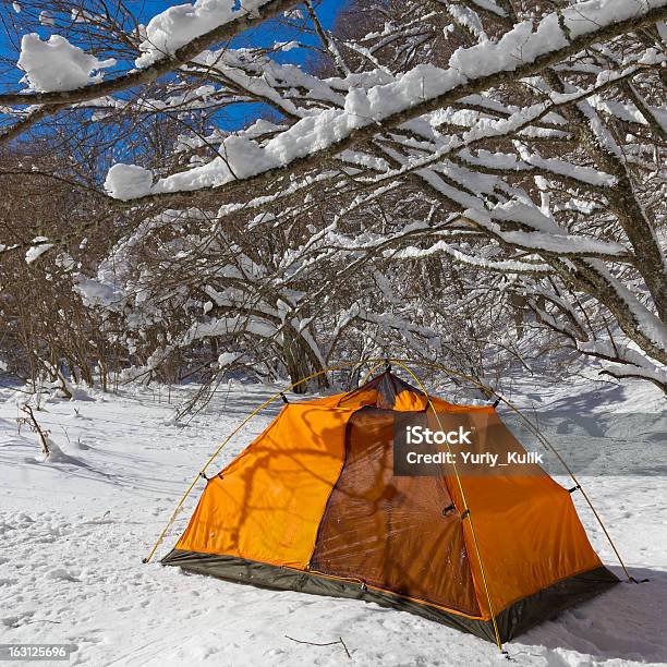 Arancio Tenda Turistica In Una Foresta Di Inverno - Fotografie stock e altre immagini di Ambientazione esterna - Ambientazione esterna, Arancione, Attrezzatura