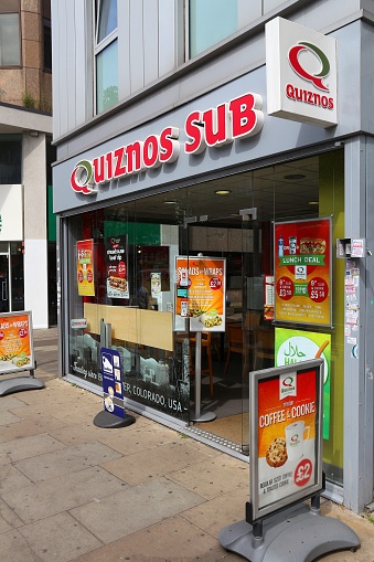 Quiznos Sub fast food restaurant in London. Quiznos is a sandwich shop franchise with 1,500 U.S. shops and 600 international locations.