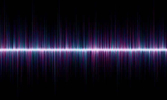 Colored sound waves on a black background with blue, red and purple. Bright rays and sound waves, abstract background.
