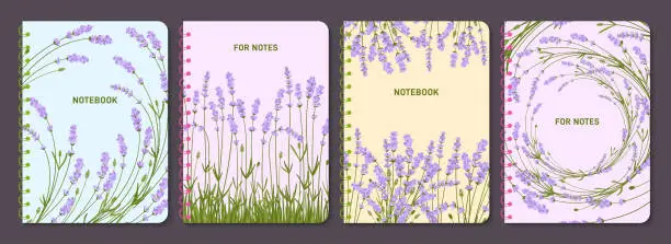 Vector illustration of Lavender flowers branch trendy notebook cover notepad herbal design planner brochure book catalog