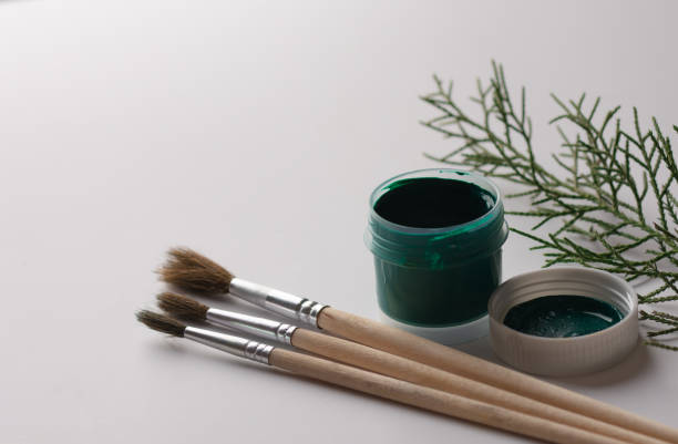 brushes for drawing and jars with multicolored gouache paint