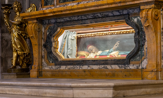 Stained glass window depicting the mummy of San Davino in the city of Lucca in Tuscany