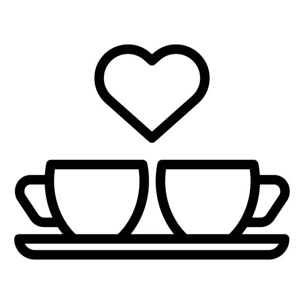 Vector illustration of Heart and two coffee cups line icon. Two mugs and heart vector illustration isolated on white. Romantik drink outline style designed for and app. Eps 10.