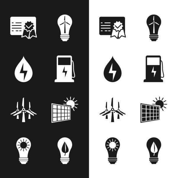 ilustrações, clipart, desenhos animados e ícones de conjunto estação de carregamento de carro elétrico, energia de água, modelo de certificado, lâmpada com turbina eólica, turbinas eólicas, painel solar e sol, folha e ícone. vetor - drop solar panel symbol leaf