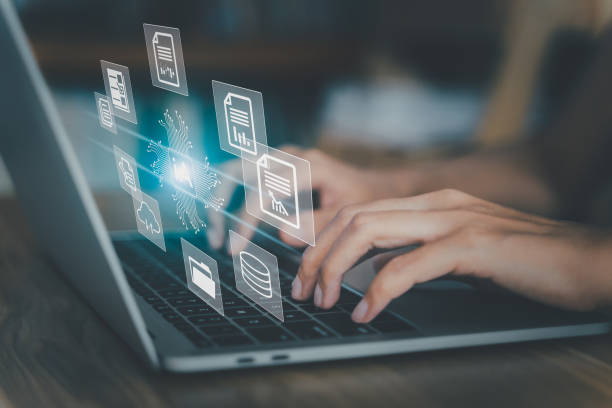 istock Virtual Intelligence (Ai) documents search concept. Hands woman typing keyboard on laptop in office. Businesswoman select report from company database. security system, Internet cloud connection 1631323161