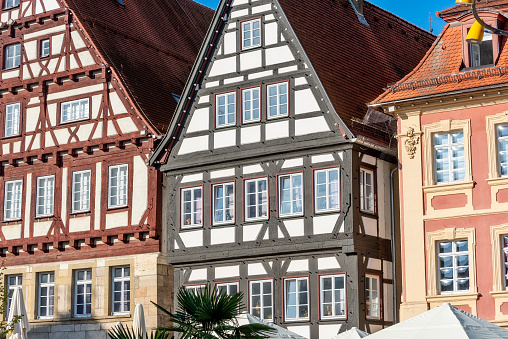 Ensemble of three old patrician houses on the market square in the historic old town of Schwäbisch Gmünd