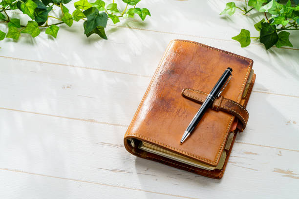 istock Ring bound planner and pen on wooden table 1631334064